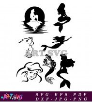 Ariel Swimming In Ocean Black And White Illustration SVG