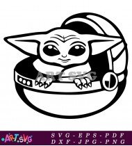 Cute Baby Yoda Illustration in Black and White SVG