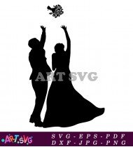 Bride And Groom Throwing Bouquet Silhouette SVG