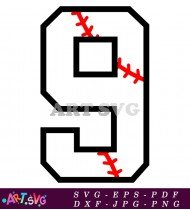 Baseball Stitching Number Nine Red White Black SVG