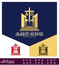 Church Logo Design With Golden Cross Icon SVG