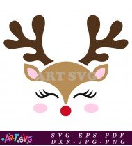 Cute Reindeer Face with Closed Eyes and Red Nose SVG