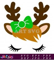 Adorable Reindeer Face with Green Bow and Closed Eyes SVG