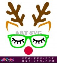 Festive Reindeer Face with Green Glasses and Closed Eyes SVG