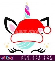 Unicorn Christmas Face with Santa Hat and Closed Eyes SVG