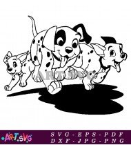 Dalmatian Puppies Cartoon Black And White Running SVG