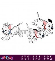 Two Dalmatian Puppies Running Cartoon Black and White SVG