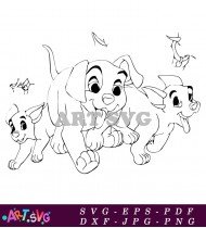 Three Dalmatian Puppies Running Cartoon Black and White SVG