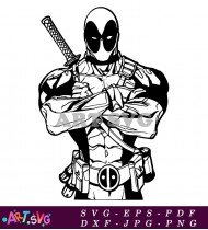 Cartoon Deadpool Holding Sword and Gun SVG