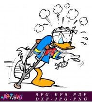 Donald Duck Wearing A Blue Shirt With Crutches SVG