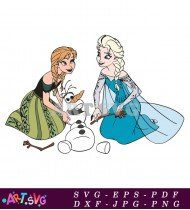 Elsa And Anna Building Olaf Frozen Clipart SVG