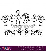 Stick Figure Family With Pets Clipart SVG