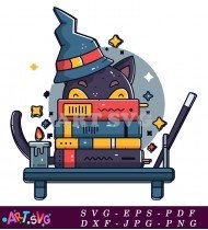 Black Cat Stacking Books Magical Halloween Illustration SVG