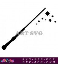 Magical Wand and Stars in Black and White SVG