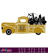 Yellow Pickup Truck With Black Hogwarts Castle SVG