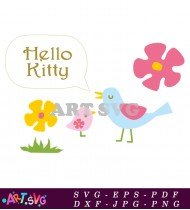 Kitty Holding Blue Bird Yellow Flowers Design SVG