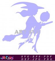 Purple Witch Flying On Broom Silhouette Clipart SVG