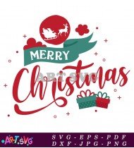 Merry Christmas Banner With Reindeer And Sleigh SVG