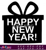 Happy New Year Gift Box Black White Design SVG