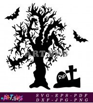 Spooky Halloween Tree Silhouette And Bats SVG