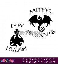 Dragon Family Silhouettes Black On White Background SVG