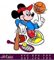 Mickey Mouse Playing Basketball With Tennis And Bat SVG 1