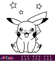 Cute Cartoon Pikachu Character with Stars in Black and White SVG