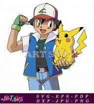 Anime Style Pokemon Trainer Holding Pikachu SVG