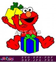 Elmo Holding A Wrapped Gift Box Cartoon SVG