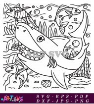 Cartoon Shark Character Eating Smaller Fish Underwater SVG