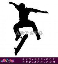 Silhouette skateboarder performing trick on skateboard SVG