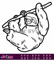 Adorable Sloth Hanging From Tree Branch Clip Art SVG