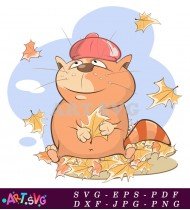 Cartoon Cat Holding Autumn Leaves Illustration SVG