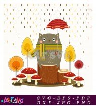 Cartoon Squirrel with Red Umbrella Under Fall Leaves SVG