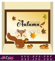 Autumn Squirrel Acorn Nuts Leaves Frame SVG