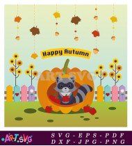 Raccoon In Pumpkin Happy Autumn Scene SVG