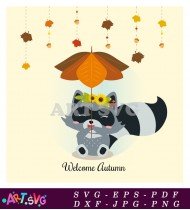 Raccoon Holding Umbrella Autumn Leaves Fall SVG