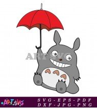 Cartoon Totoro Character Holding Red Umbrella SVG