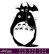 Cartoon Totoro with Umbrella in Black and White SVG