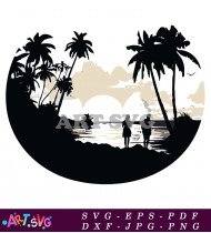 Couple Silhouettes Palm Tree Romantic Beach Scene SVG