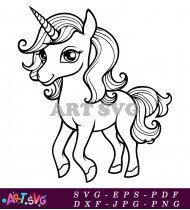 Black And White Cartoon Unicorn Vector Outline SVG