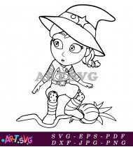 Cartoon Girl With Witch Hat Holding Cat Coloring Page SVG