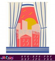 Modern City Buildings Viewed Through Curtains SVG