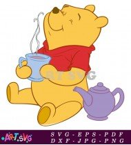 Winnie The Pooh Cartoon Character Holding Teapot SVG